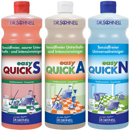 EASY QUICK TRIO – Die 360°-Lösung für die tensidfreie Gebäudereinigung Dr. Schnell Easy Quick A Tensidfreier alkalischer Unterhaltsreiniger (Inhalt): 1 Liter Flasche