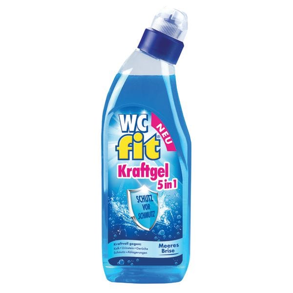 Fit WC Kraft-Gel – 5-fach stark gegen Verschmutzungen in Flasche, blaues Gel für Toilettenreinigung.