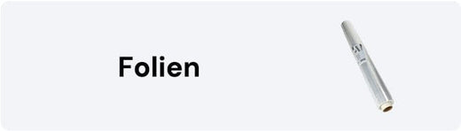 Rolle Aluminiumfolie neben dem Wort "Folien" auf weißem Hintergrund.