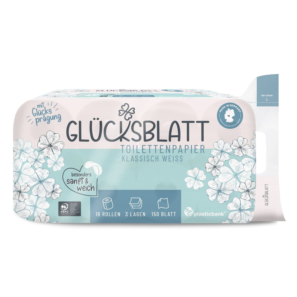 Fripa Glücksblatt Toilettenpapier, 3-lagig, weiß 1 Packung = 16 Rollen à 150 Blatt