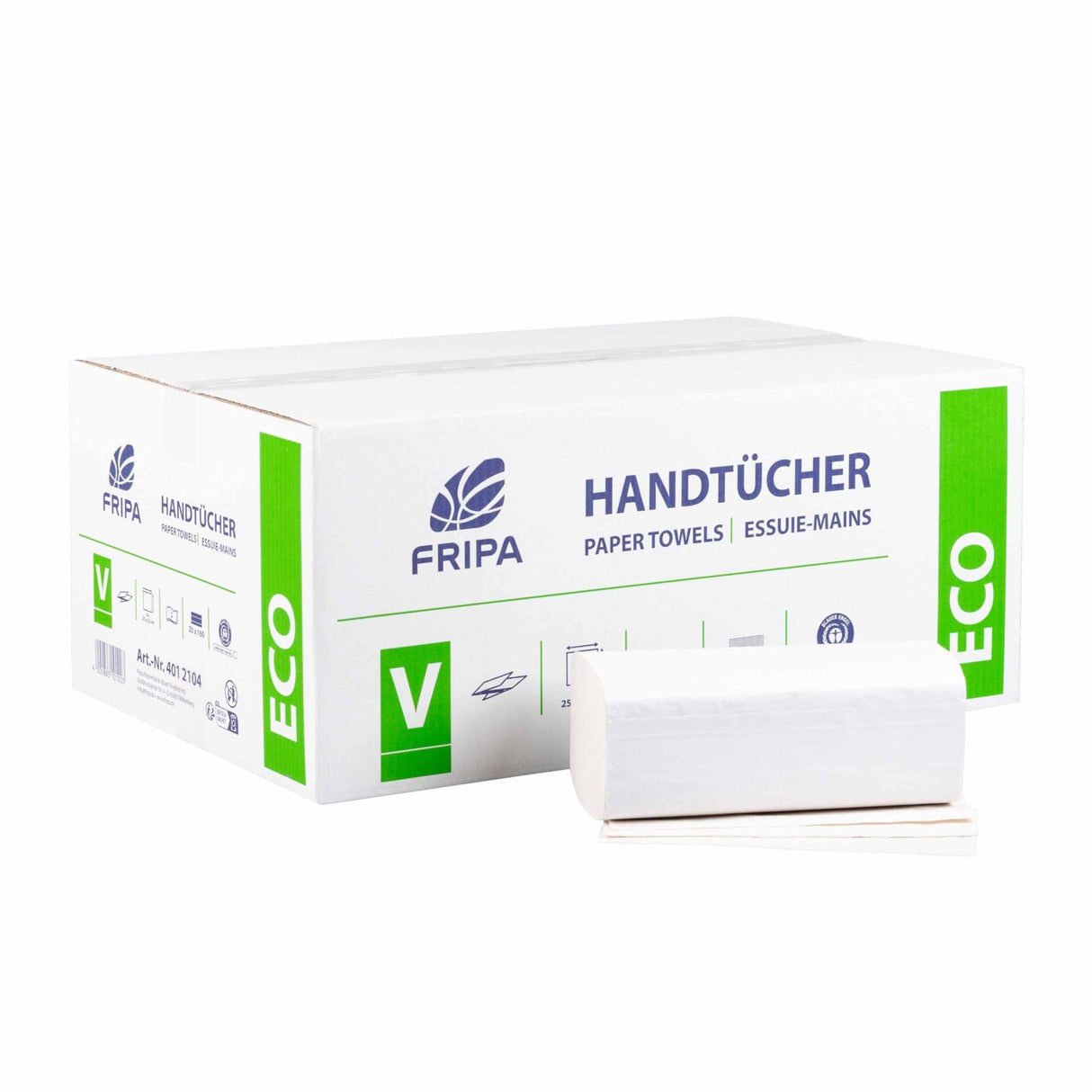 Fripa Papierhandtücher ECO, V-Falz, 25 x 23 cm 1 Karton = 20 Packungen à 160 Blatt = 3200 Blatt