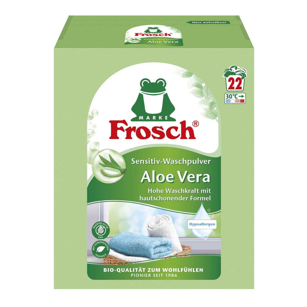 Frosch Sensitiv-Waschpulver, Aloe Vera, hypoallergen 45 l, Packung 22 Waschladungen