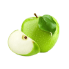 Grüner Apfel mit einem geschnittenen Stück und Blatt, isoliert auf weißem Hintergrund.