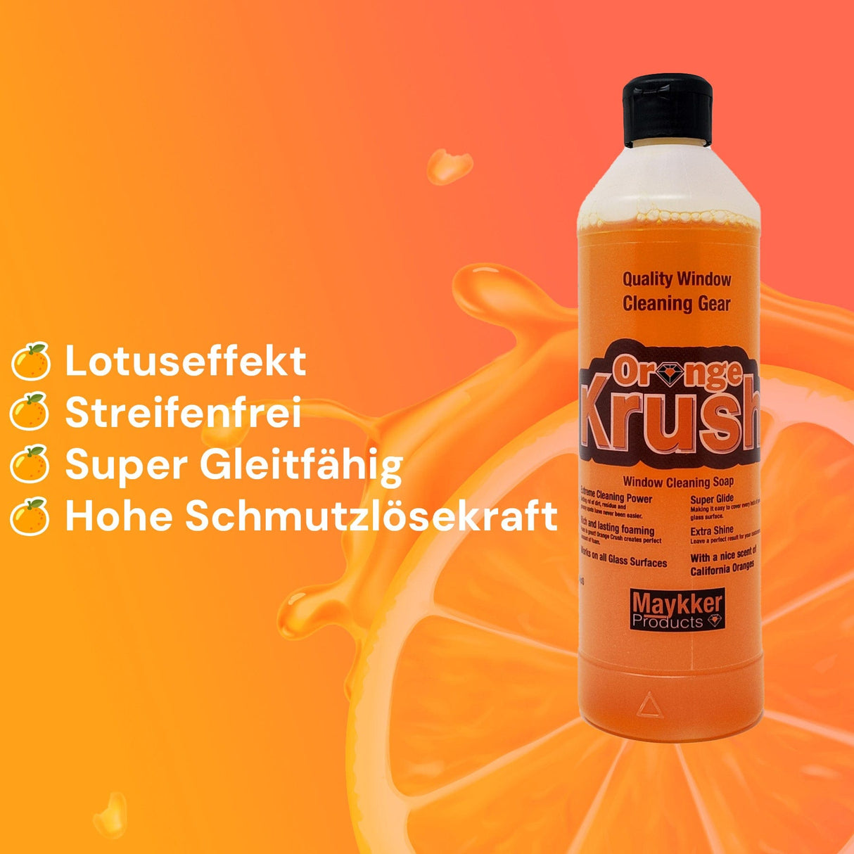 Maykker Orange Krush Glasreiniger in Flasche mit Lotus-Effekt, streifenfreier Reinigung und hoher Schmutzlösungskraft.
