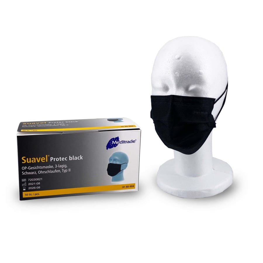 Meditrade medizinische Schutzmaske Typ II Protec Black, 3 lagig 50 Stück, Schwarz