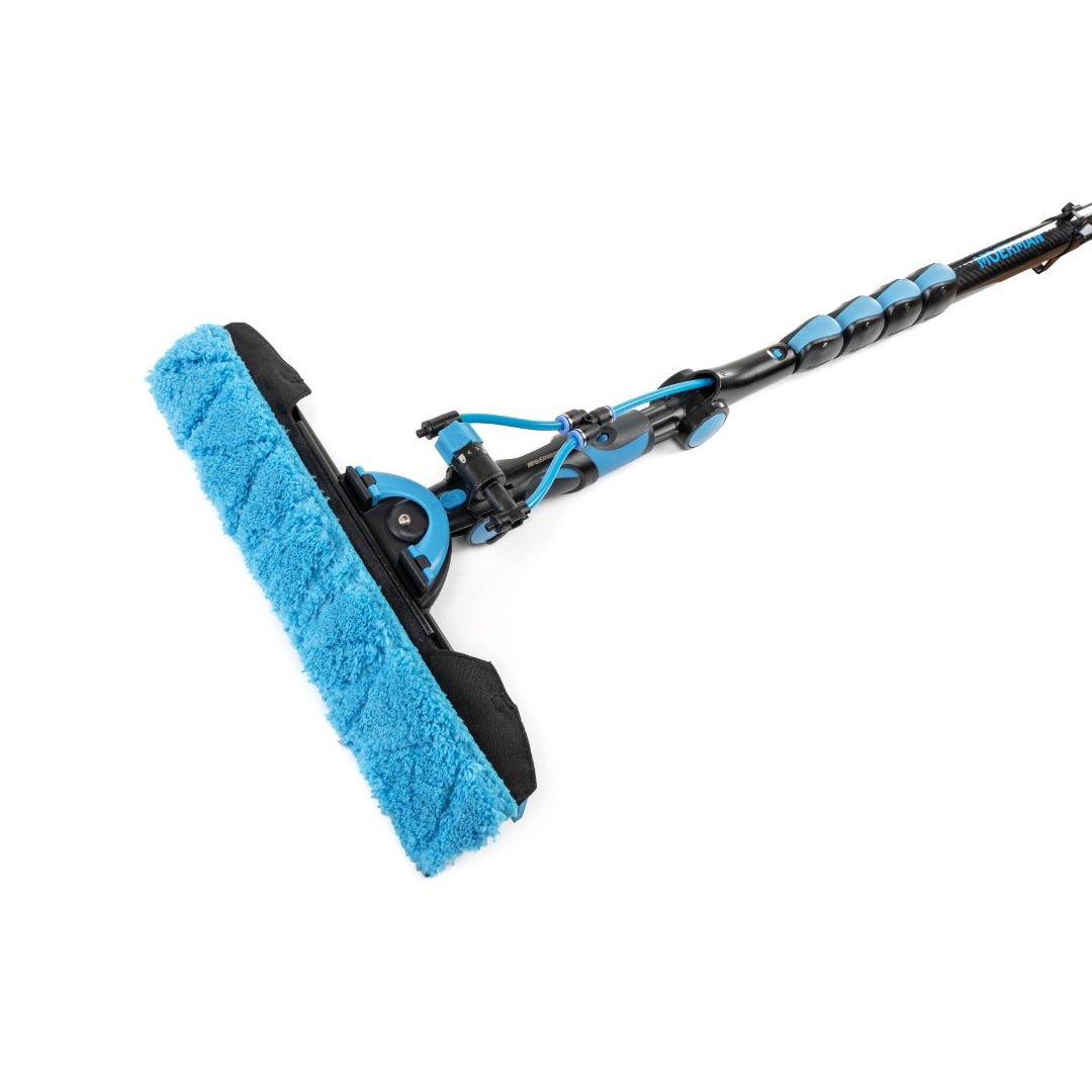 Moerman Spray-Ray Glasreinigungs-Sprühsystem mit blauer Mikrofaser-Bürste für effiziente Fensterreinigung.