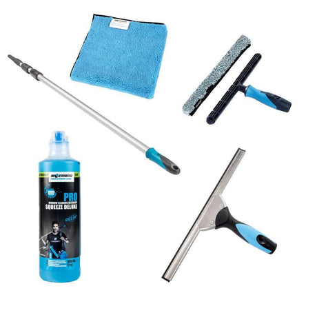 MOERMAN Wintergarten Glasreinigungsset mit Teleskopstange, Reinigungstuch, Gummiwischer und Glasreiniger.