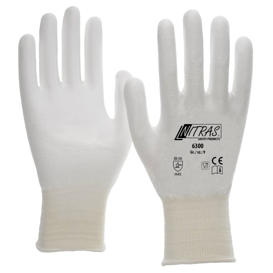 NITRAS Schnittschutzhandschuhe, PU weiß Größe M (7) – 1 Paar