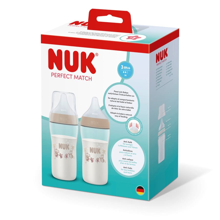 NUK Perfect Match Babyflasche mit Temperaturkontrolle Twin Set 2 × 260 ml, Motiv Affen