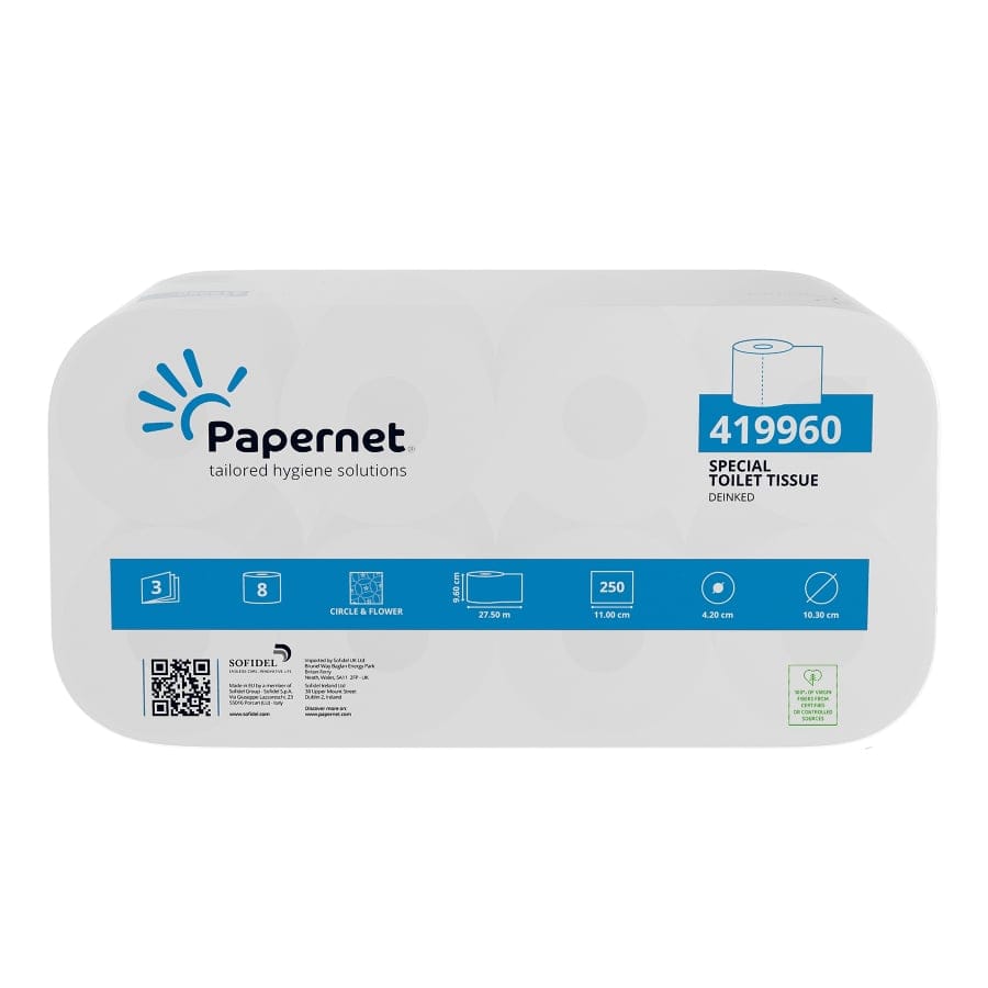 Papernet Toilettenpapier 3-lagig weiß, 250 Blatt 1 Karton = 8 Packungen à 8 Rollen
