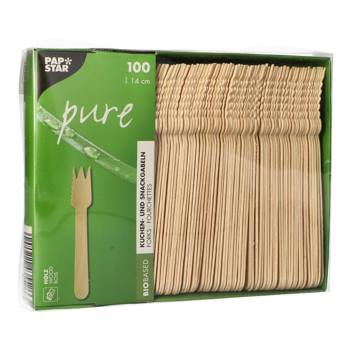 Papstar Pure Holz Kuchen- und Snackgabeln, 14 cm 1 Karton (10 Packungen × 100 Stück)