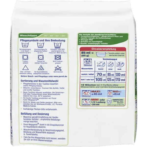 Rückseite der Persil Megaperls Universal Verpackung mit Waschhinweisen und Dosierungsempfehlungen.