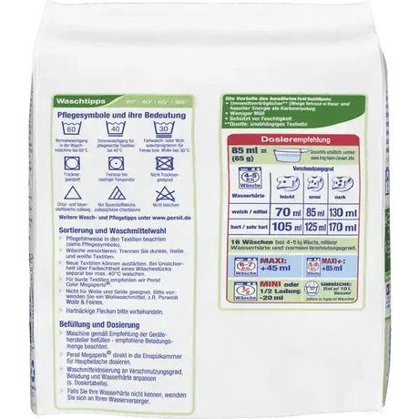 Rückseite der Persil Megaperls Universal Verpackung mit Waschhinweisen und Dosierungsempfehlungen.