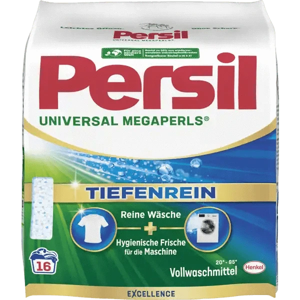 Persil Megaperls Universal Vollwaschmittel-Packung, tiefenrein für saubere weiße und helle Wäsche.