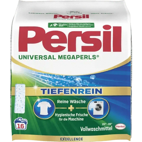 Persil Megaperls Universal Vollwaschmittel-Packung, tiefenrein für saubere weiße und helle Wäsche.