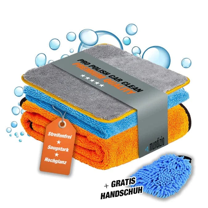 Mundizio Mega Tuch Set für Autos mit drei Mikrofasertüchern und gratis Waschhandschuh für streifenfreies Glänzen.