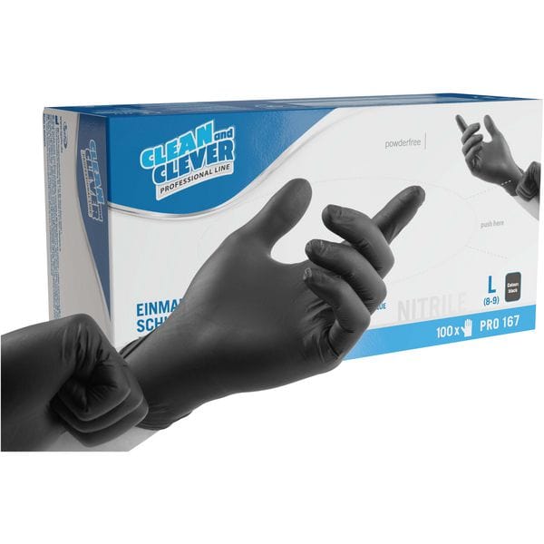 PRO167 Nitril-Einmalhandschuhe in Schwarz, reißfeste Qualität für vielseitige Anwendungen.