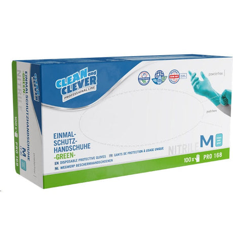 PRO168 grüne Nitril Einmalhandschuhe, 100 Stück, ideal für Gastronomie und Lebensmittelverarbeitung.