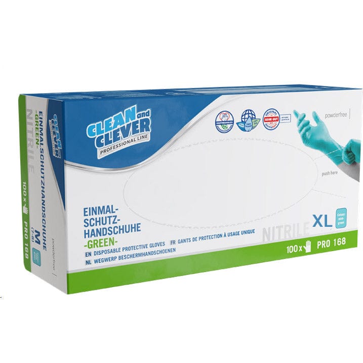 PRO168 grüne Einmalhandschuhe aus Nitril, 100 Stück, ideal für Gastronomie und hygienische Anwendungen.