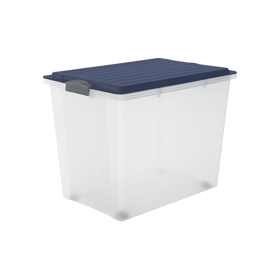Rotho COMPACT Stapelbox A3 70 l mit Rollen, transparent/iris dunkelblau