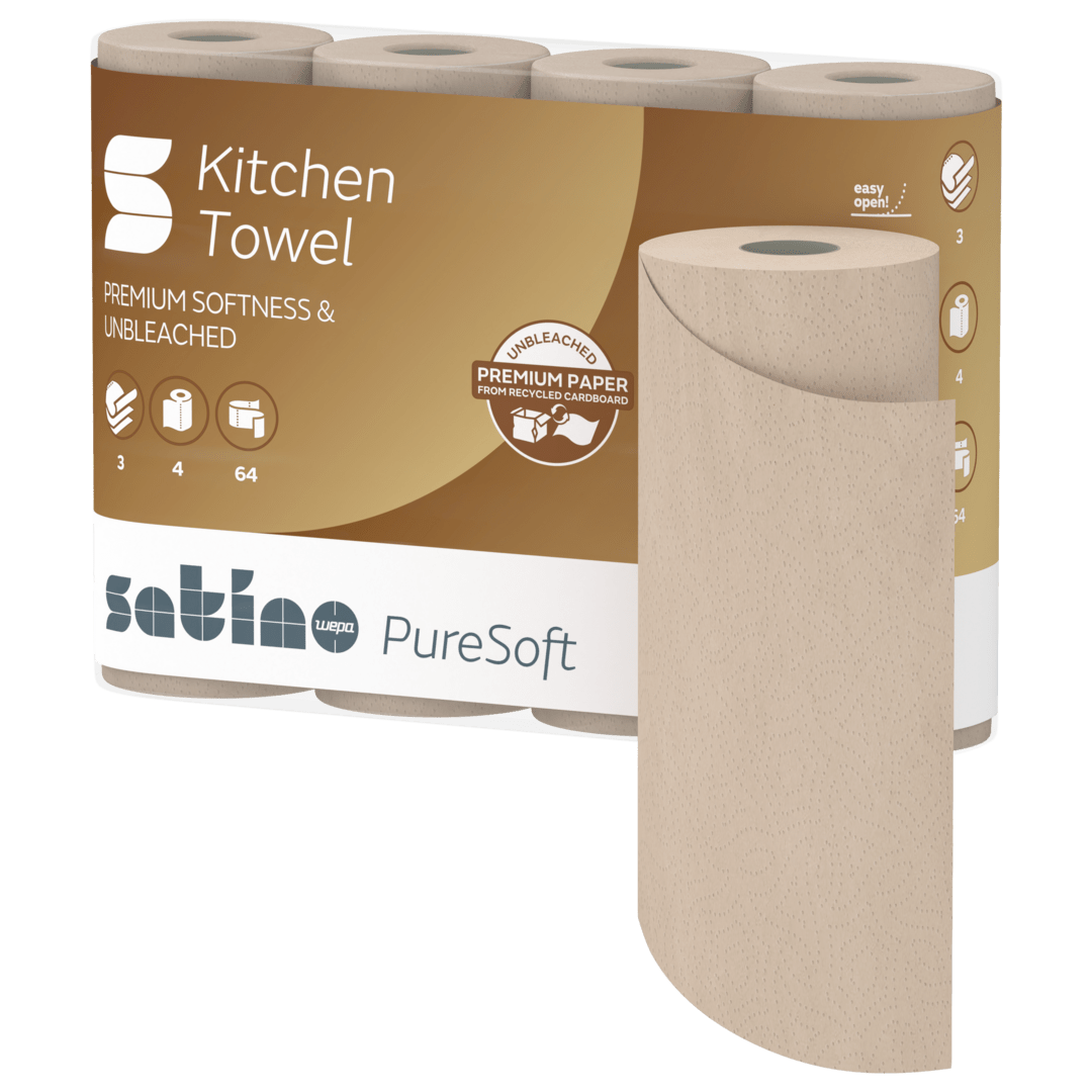 Satino PureSoft Küchenrolle aus 100 % Recyclingkarton, umweltfreundlich und besonders saugstark.