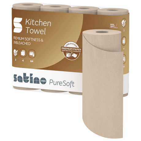 Satino PureSoft Küchenrolle aus 100 % Recyclingkarton, umweltfreundlich und besonders saugstark.