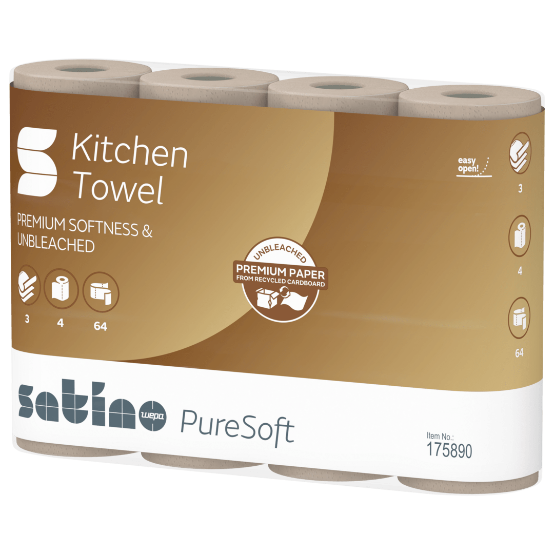 Satino PureSoft Küchenrolle aus 100% Recyclingkarton – nachhaltig und besonders saugstark.