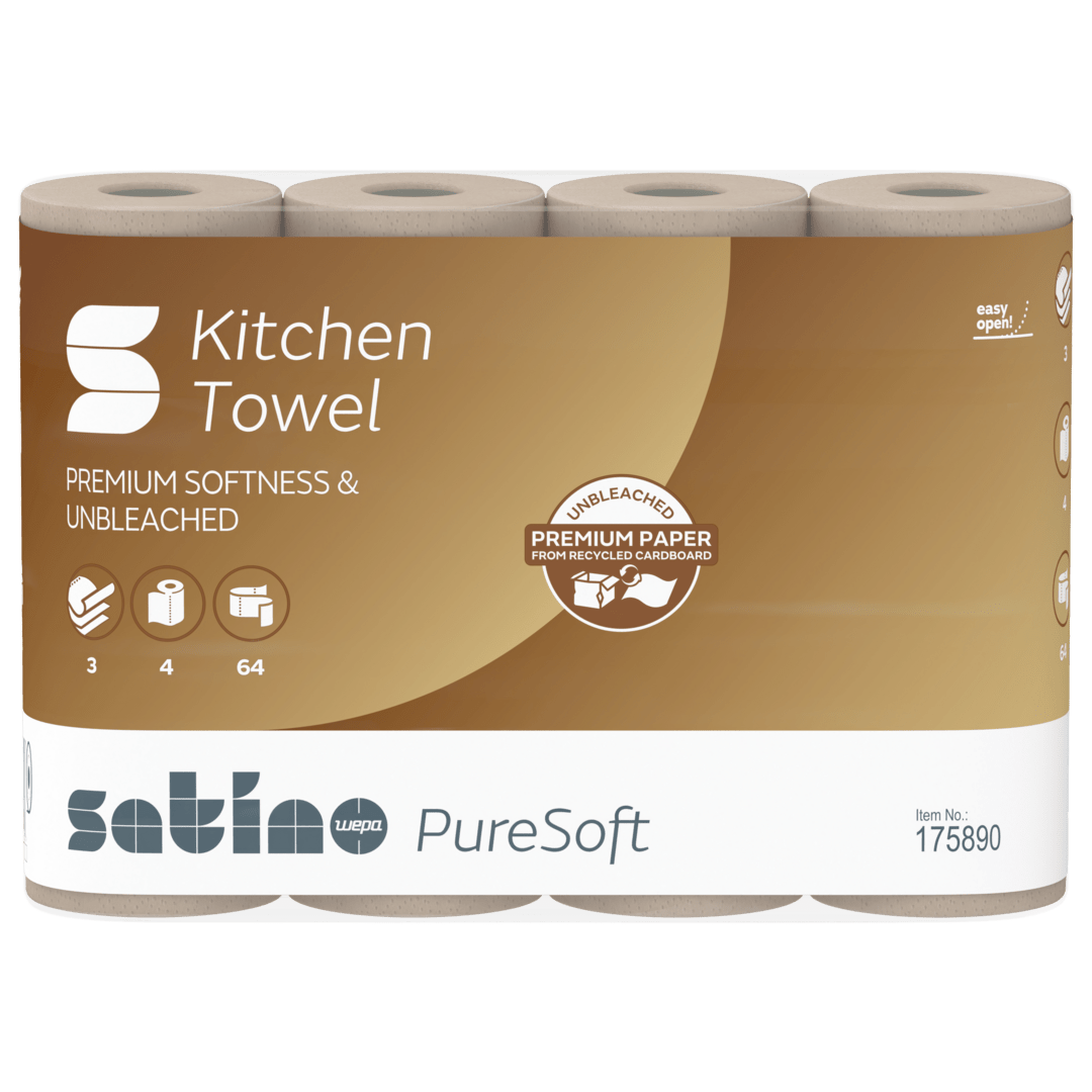 Satino PureSoft Küchenrolle aus 100 % Recyclingkarton – umweltfreundlich, weich und saugfähig.
