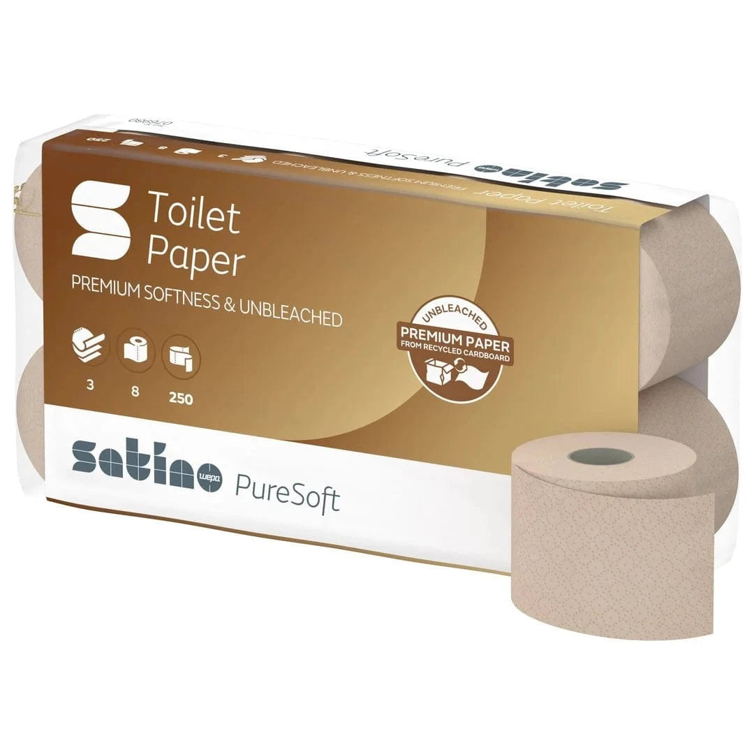 Satino PureSoft Toilettenpapier - nachhaltiges, ungebleichtes Toilettenpapier in Verpackung mit Premium-Qualität.