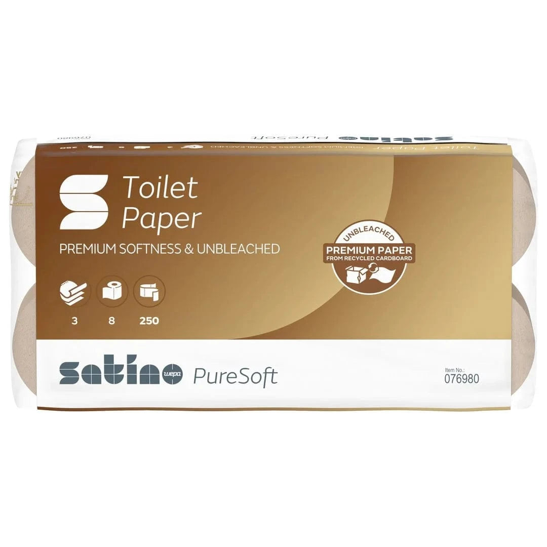 Satino PureSoft Toilettenpapierverpackung, nachhaltig, weich und hautfreundlich, 100% Recyclingkarton.
