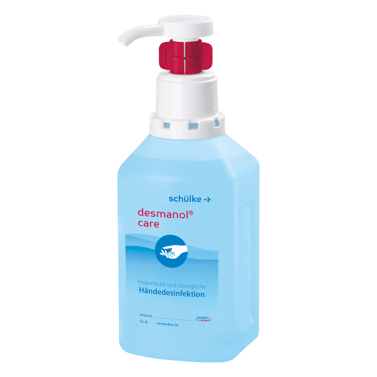 Schülke Desmanol Care Händedesinfektion in blauer Flasche mit Pumpkopf, für hygienische Händehygiene.