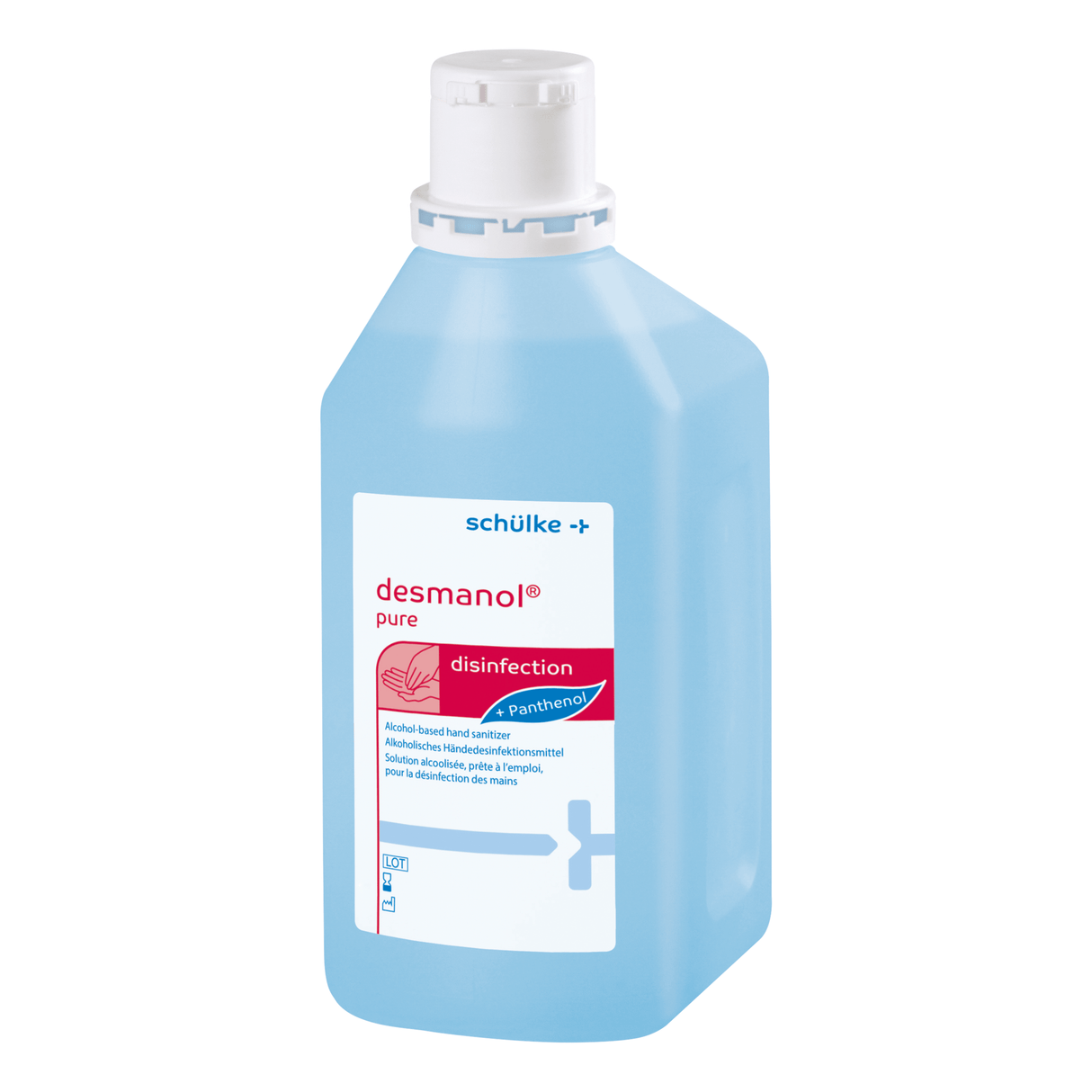 Schülke Desmanol pure Händedesinfektion in blauer Flasche mit Panthenol für umfassenden Schutz.