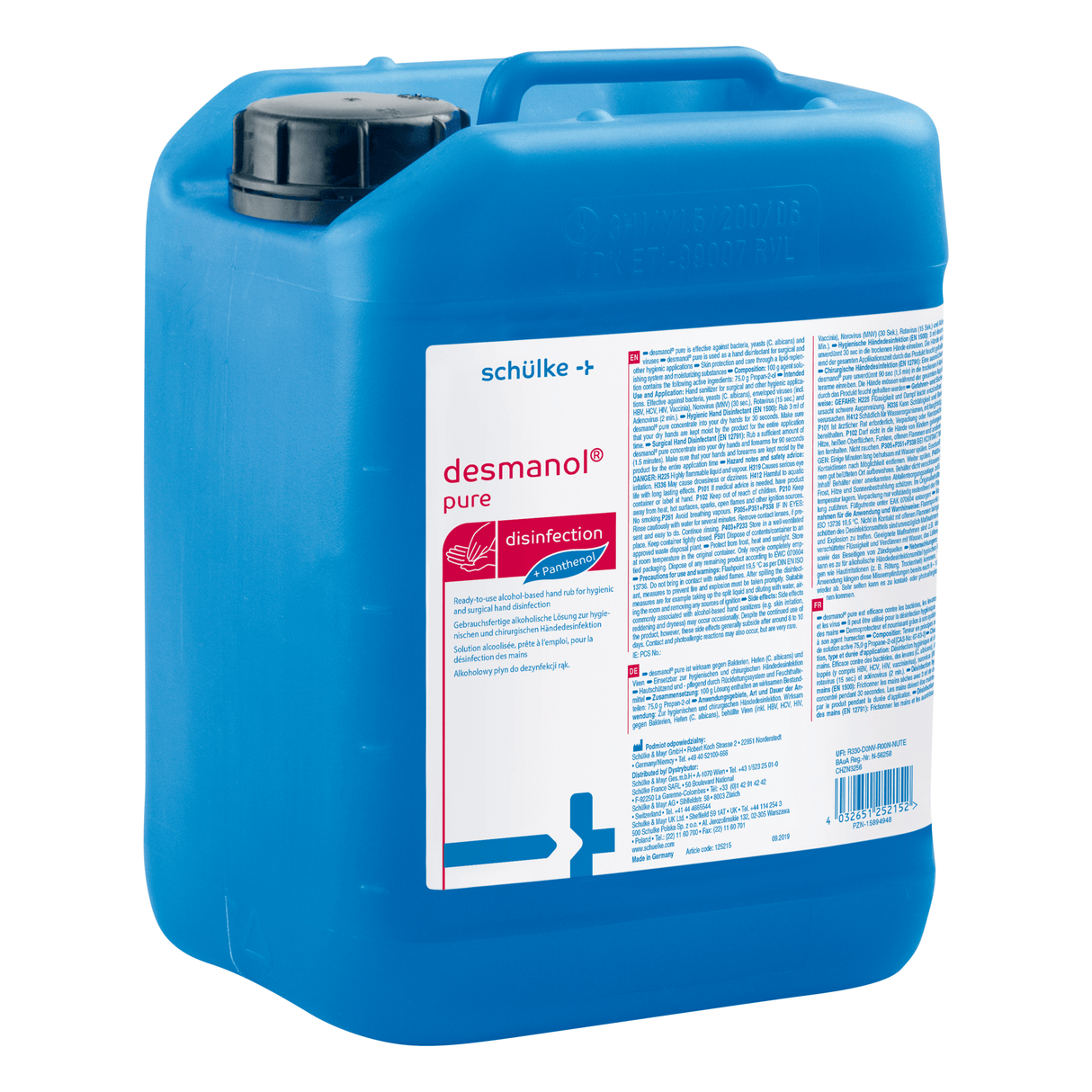 Schülke Desmanol pure Händedesinfektion in blauer Kanisterverpackung, farbstoff- und parfümfrei.