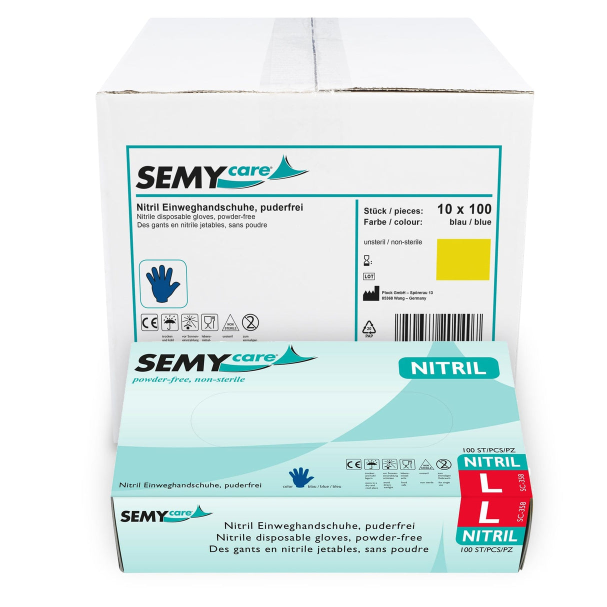 SemyCare Nitrilhandschuhe im Spenderkarton, puderfrei, blau L