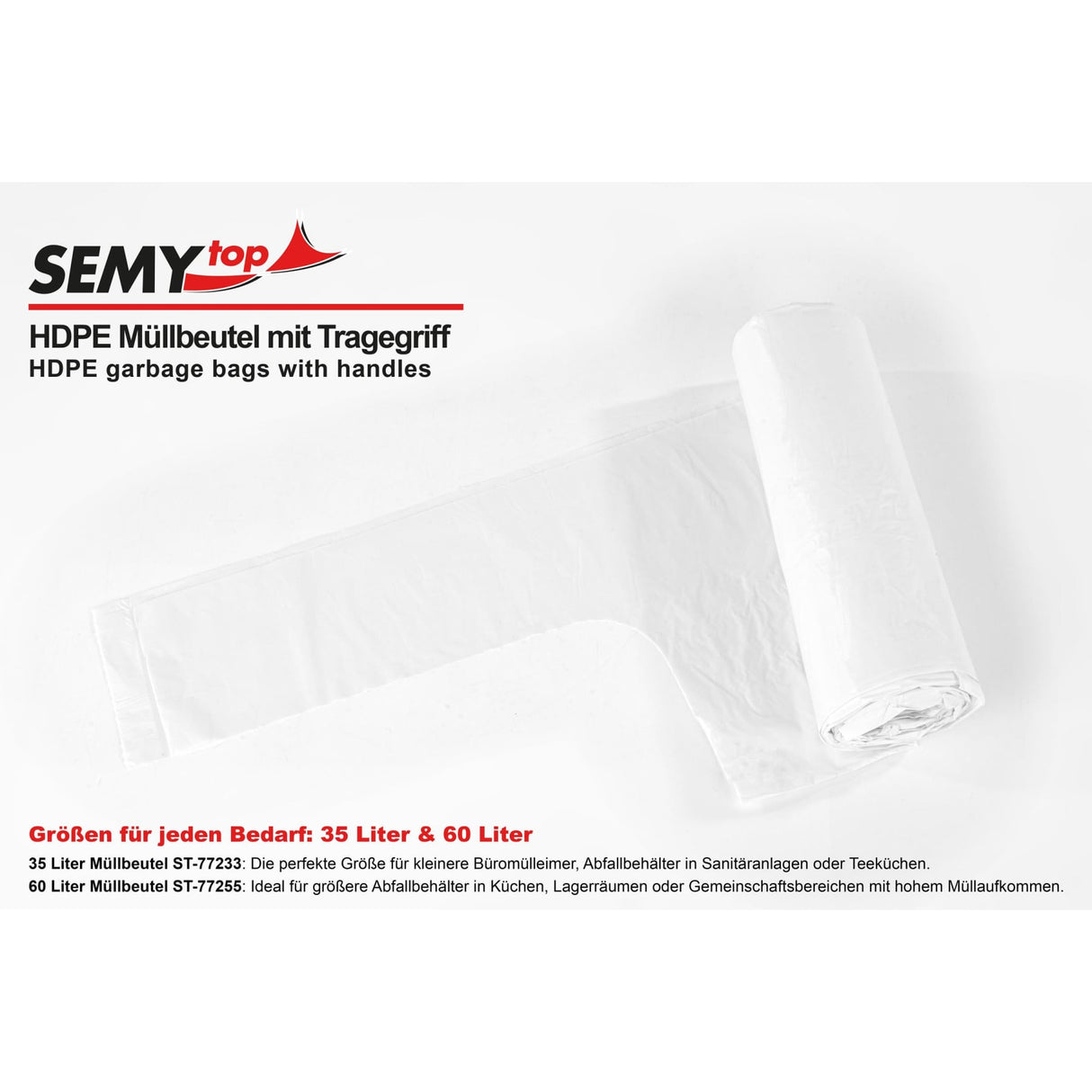 Semytop Müllbeutel mit Tragegriff, HDPE, 60 Liter, weiß