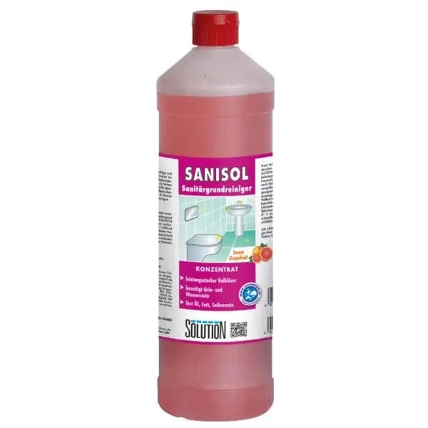 Sanisol Sanitärgrundreiniger Konzentrat in einer Flasche, ideal für die Grundreinigung von Sanitärbereichen.