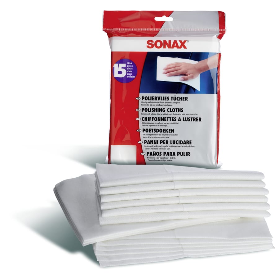SONAX Tücher aus Poliervlies, lösemittelbeständig – 1 Packung = 15 Tücher