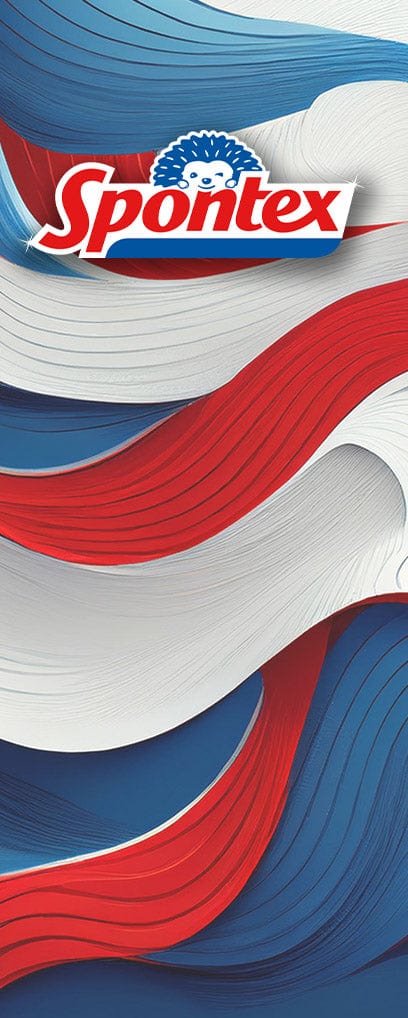 Bunte Grafik mit roten, weißen und blauen wellenförmigen Linien und dem Spontex-Logo oben.