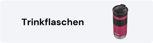 Wiederverwendbare Trinkflasche in Rot mit schwarzem Griff neben dem Wort "Trinkflaschen" auf hellem Hintergrund.