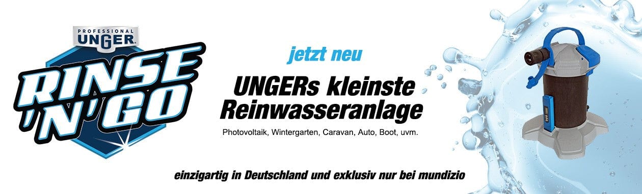 UNGER Rinse 'n' Go Reinwasseranlage für Photovoltaik und Fahrzeuge, exklusiv bei Mundizio erhältlich, einzigartig in Deutschland.
