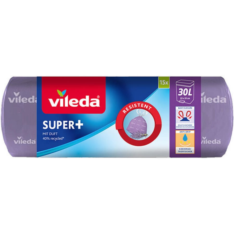 Vileda SUPER+ 30 Liter Müllbeutel, Lavendel Duft, mit Zugband 1 Karton = 21 Rollen