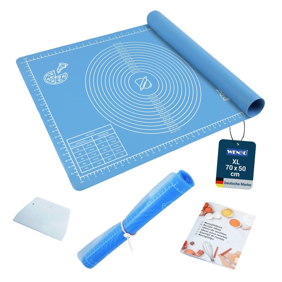 WENKO Antihaft-Backmatte mit Edelstahl-Teigrolle, Teigschaber und Rezeptheft (Set)