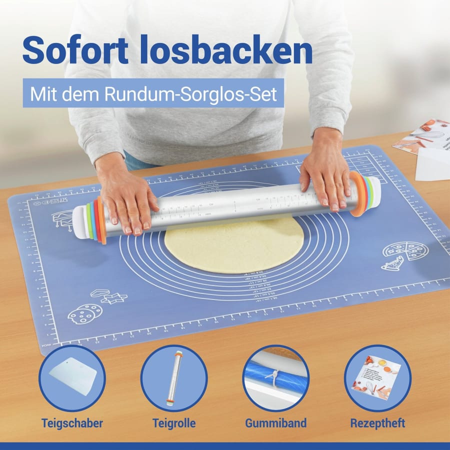 WENKO Antihaft-Backmatte mit Edelstahl-Teigrolle, Teigschaber und Rezeptheft (Set)