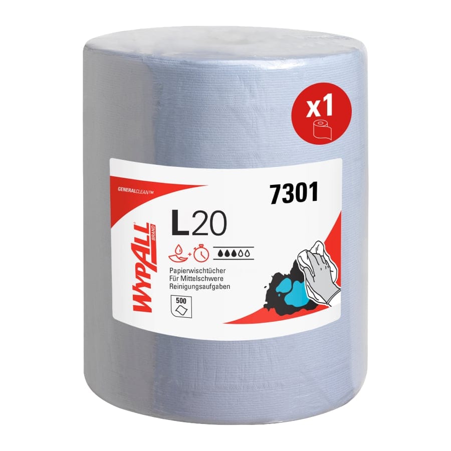 WypAll® L20 Wischtücher - Großrolle, blau 1 Paket = 1 Rolle à 500 Tücher, Maße (L x B): 38 x 32,5 cm