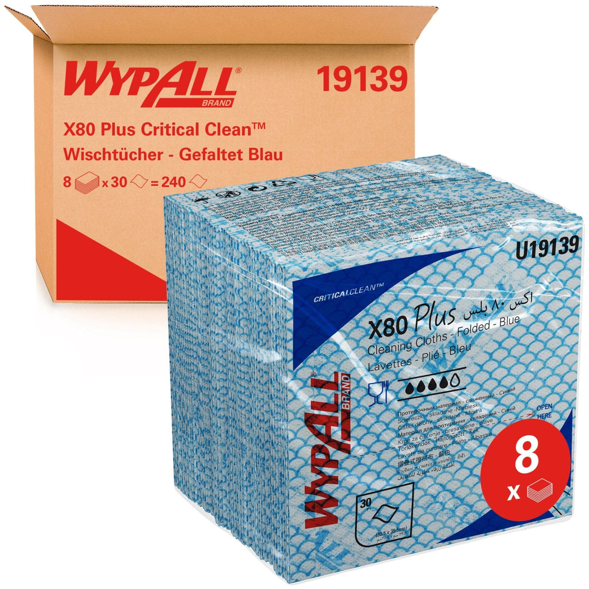 WypAll® X80 Plus Wischtücher, 1-lagig, 34,5 x 33,5 cm 1 Karton = 8 Beutel à 30 Tücher = 240 Tücher, blau