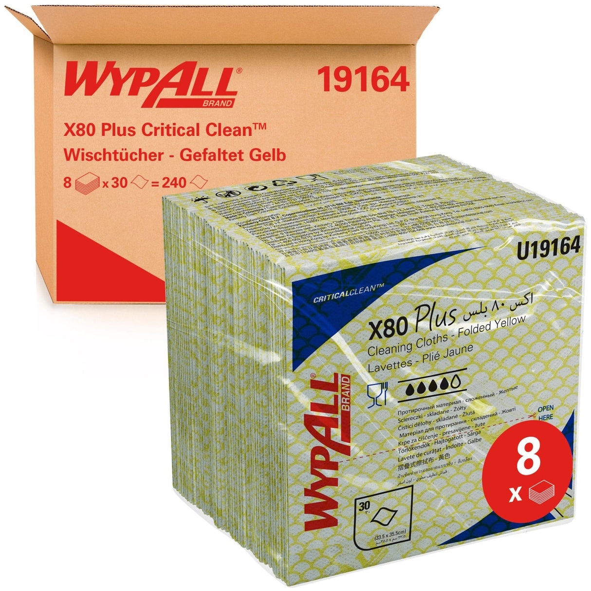 WypAll® X80 Plus Wischtücher, 1-lagig, 34,5 x 33,5 cm 1 Karton = 8 Beutel à 30 Tücher = 240 Tücher, gelb