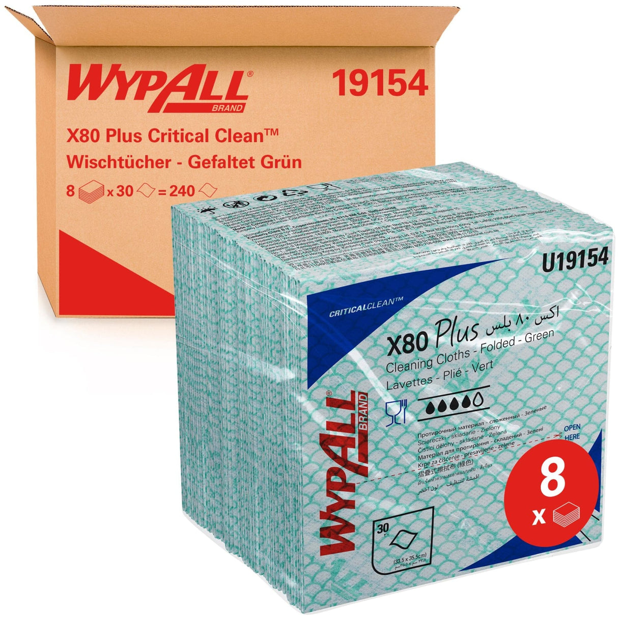 WypAll® X80 Plus Wischtücher, 1-lagig, 34,5 x 33,5 cm 1 Karton = 8 Beutel à 30 Tücher = 240 Tücher, grün