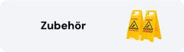 Gelbe Warnschilder mit "Achtung Rutschgefahr" neben dem Wort "Zubehör" auf weißem Hintergrund.