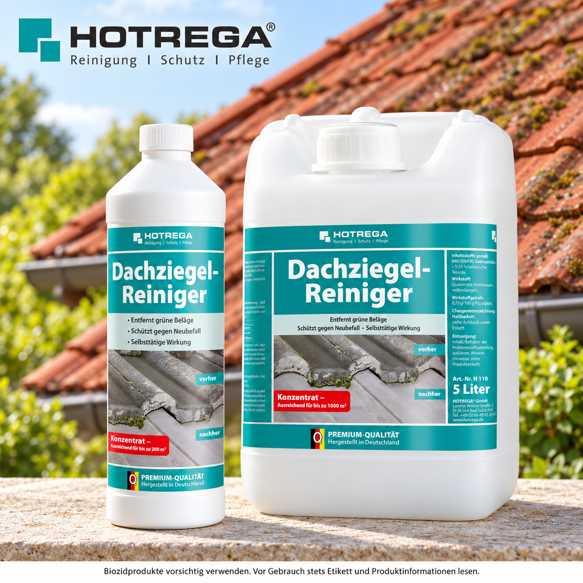 HOTREGA Dachziegel-Reiniger vor einem Ziegeldach mit Moos
