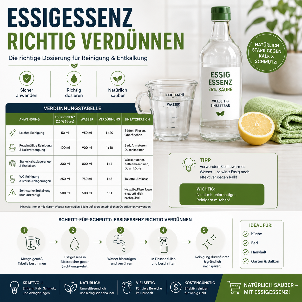Essigessenz richtig verdünnen – Tabelle & Anleitung für den Haushalt